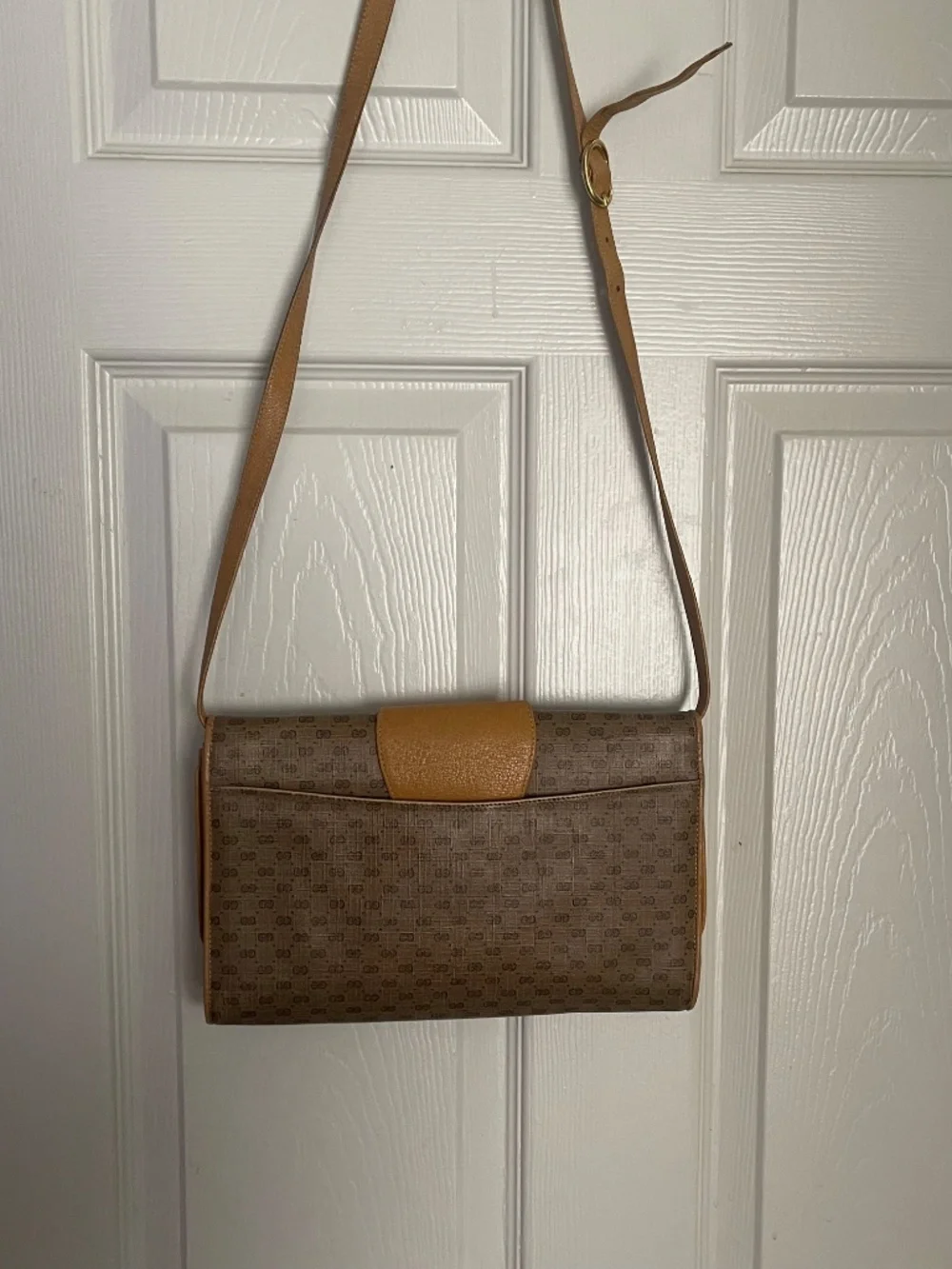 Vintage 1980s Gucci GG Monogram Canvas Crossbody Bag Tan Leather Trim Authentic - Picture 2 of 16